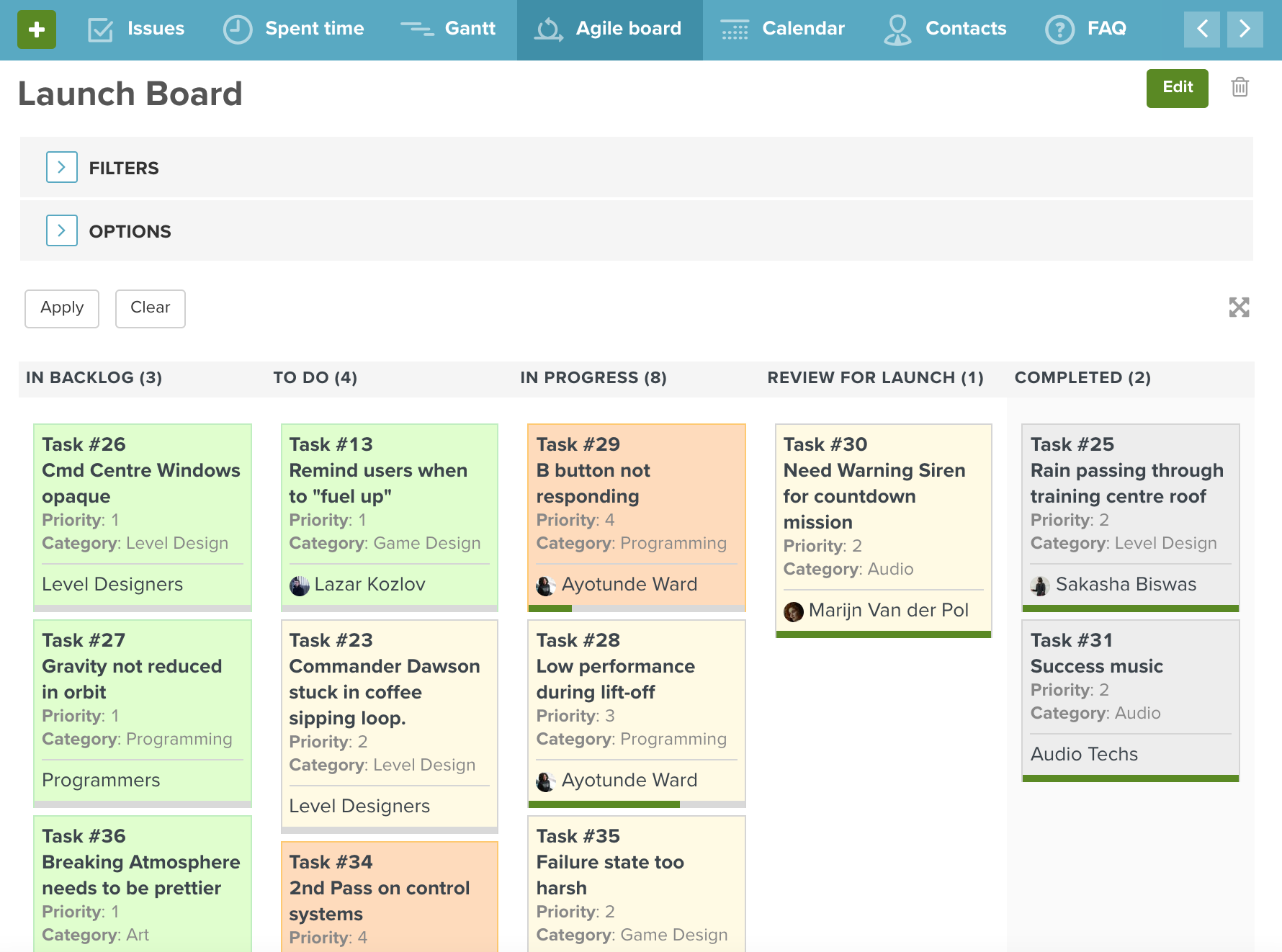 Screenshot of a Planio Agile board showing the tasks in each status and colored according to their priority and each have a progress bar so you know how far along the task is coming.