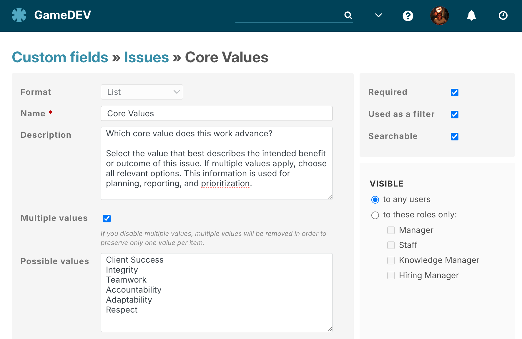 Make a new field filled with your company values