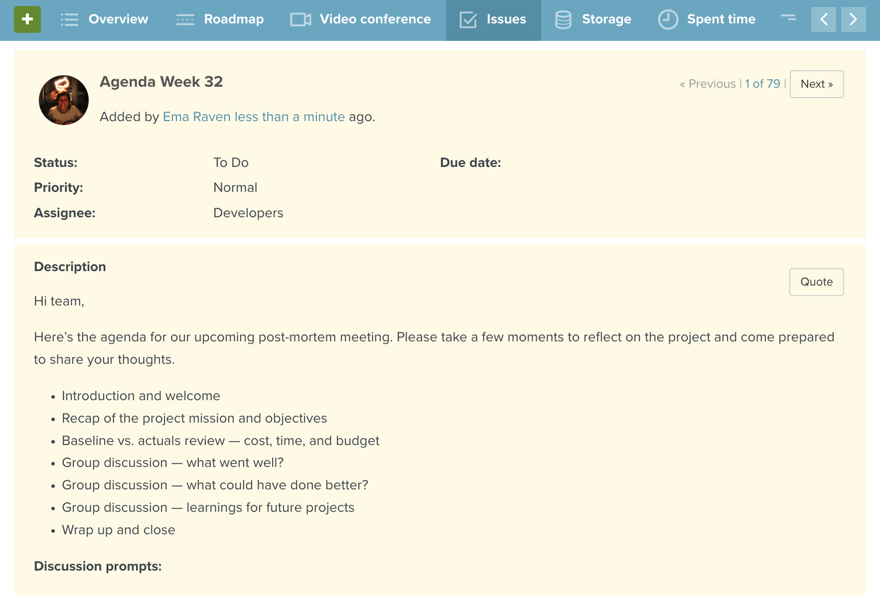 Screenshot of a Planio issue in which an agenda for the up and coming post-mortem meeting is being sent round