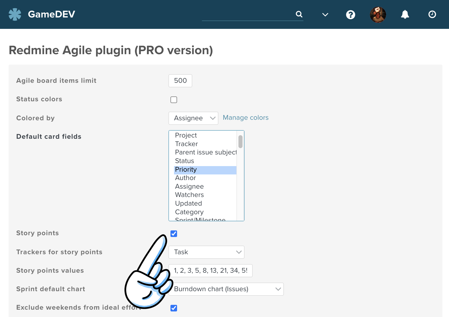 Select Story Points as the estimate units in the Agile Settings