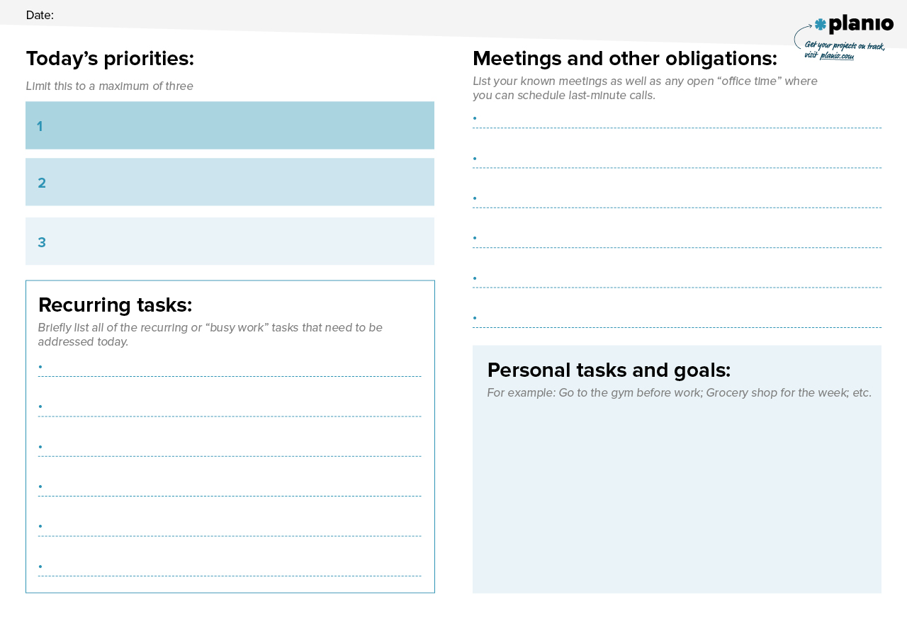 Example template with a breakdown of your daily priorities and obligations